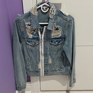 Distressed Denim Jacket with Studs